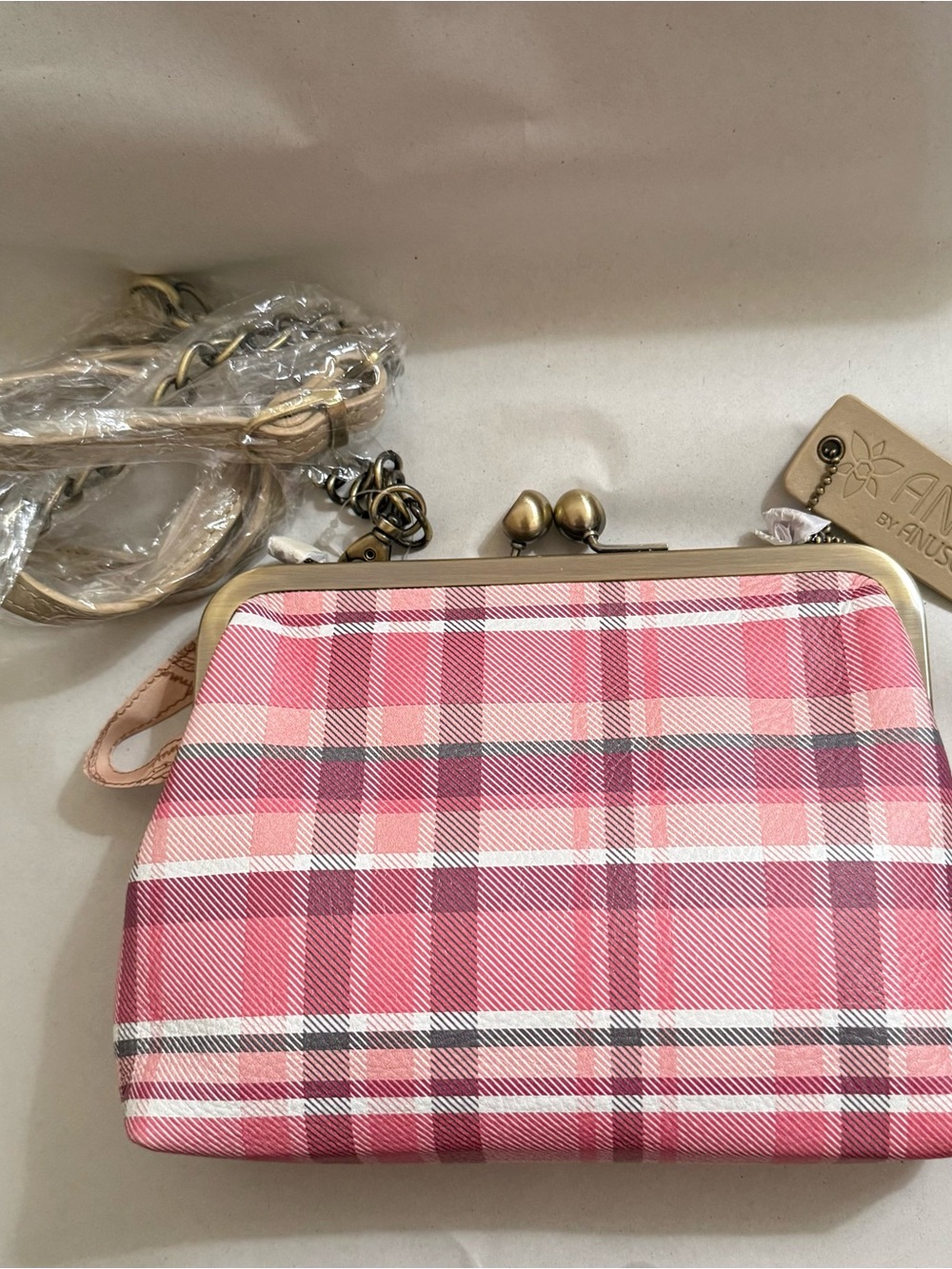 NWT - Anna by Anuschka Pink Plaid Leather Kiss Lock Crossbody Frame Handbag $128